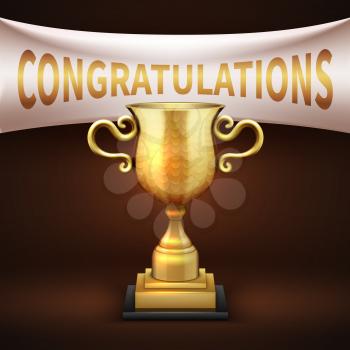 Golden luxury trophy cup with white textile banner and congratulations text vector illustration. Victory cup shiny golden