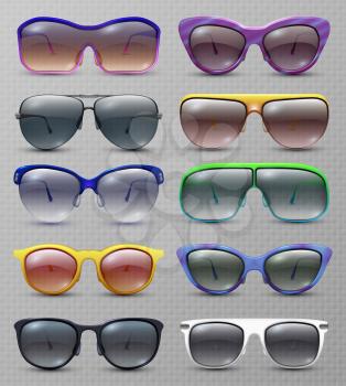 Realistic fashion sunglasses and glasses isolated vector set. Illustration of sunglasses and eyeglasses protection collection