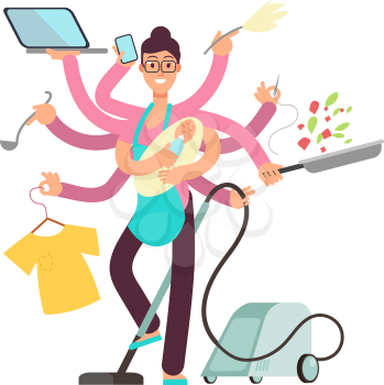Super busy mother working and cooking simultaneously vector concept. Busy and cooking, mother with baby and work illustration