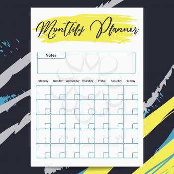 Monthly planner template with abstract grunge elements isolated. Vector illustration