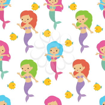 Fairytale cute mermaids sea underwater girls. Summer seamless vector pattern. Underwater character girl mermaid, marine female illustration