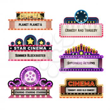 Old theater movie neo light signboards in 1930s retro style. Blank cinema and casino vector banners. Signboard for cinema billboard, comedy and tragedy, superhero and blockbuster illustration