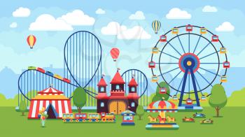 Cartoon amusement park with circus, carousels and roller coaster vector illustration. Circus park and carousel cartoon fun, amusement and carnival