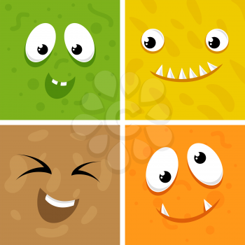 Set of cartoon monster faces. Flat face monster character, colored funny creature illustration