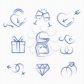 Sketch style wedding line icons on notebook page. Vector illustration