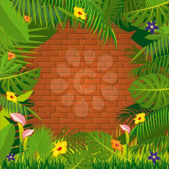 Red brick wall and jungle green frame design. Template banner, vector illustration