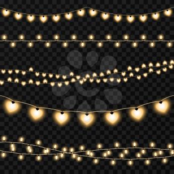 Set of garlands on a vector transparent background. Illustration of garland light illuminated for decoration holiday