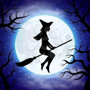 Silhouette of witch flying on the broom in Halloween night. Halloween witch on broom. Vector illustration
