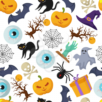Halloween vector seamless pattern with black spider and pumpkin, cat and eye illustration