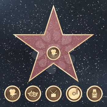 Walk of fame star granite sign on sidewalk with Hollywood Film Academy categories vector icons. Illustration walk fame on sidewalk, star famous and popular