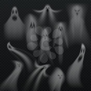 Spooky transparent halloween ghost isolated vector set. Horro evil demon souls