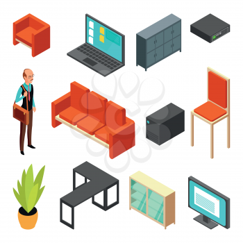 Set of office isometric icons. Sofa, chair, armchair, system unit, router and businessman. Flat vector illustration