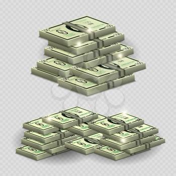Much money with shining elements - realistic money on transarent background. Money cash stack banknote, vector profit finance illustration