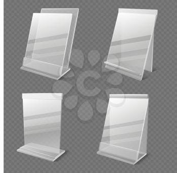 Realistic business information transparent plexiglass empty holders isolated vector. Plastic plexiglass empty holder for card or menu illustration
