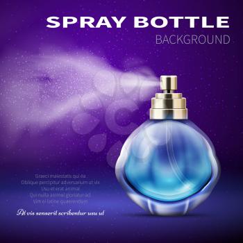 Deodorant bottle with translucent water spray mist. Product promotional vector background. Fragrance perfume package illustration