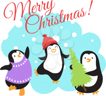 Christmas winter holidays vector greeting card with cute cartoon penguins. Christmas holiday greeting card with character penguins illustration