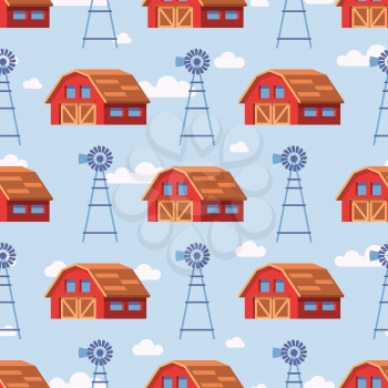 Red farm house seamless pattern design background. Vector illustration flat cartoon