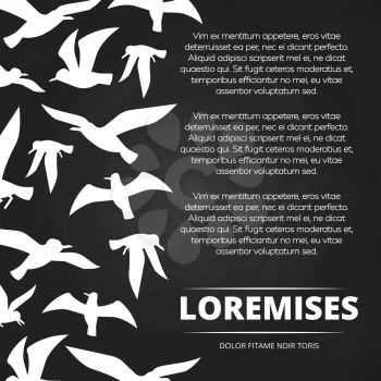 Blackboard poster banner with white flying birds silhouettes. Vector illustration