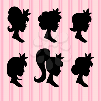 Little princesses vector portrait. Young girl faces with crown black profiles. Silhouette of head portrait young princess illustration