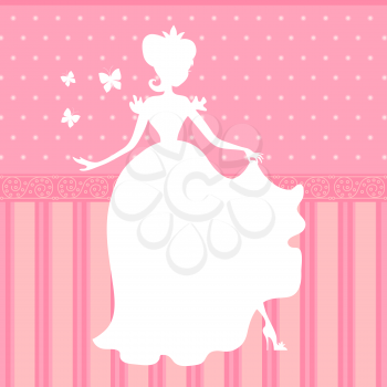 Retro vector pink background with little beautiful princess silhouette. Illustration of girl princess silhouette, beauty woman dress
