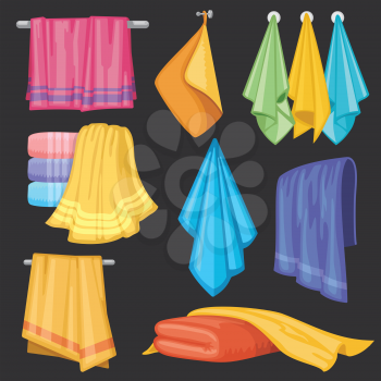 Kitchen and bath hanging and folding towels isolated vector set. Towel textile for bath room and beach illustration