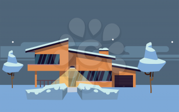 Winter country house flat vector illustration. Orange modern home with street light. House in snow