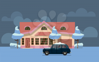 Winter country house flat vector illustration. Pink home with old car covered by snow. Christmas home