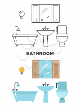 Bathroom concept - flat style and line style bathroom design. Bath and toilet, vector illustration