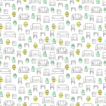 Living room furniture, lamps and pot plants seamless pattern. Background with interior furniture object, vector illustration