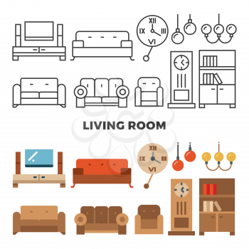 Living room furniture and accessories collection - flat home design icons. Vector illustration