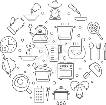 Cooking foods and kitchen tools thin line vector icons. Linear icons scale and fry egg, round form kitchen badge with kettle and blender illustration