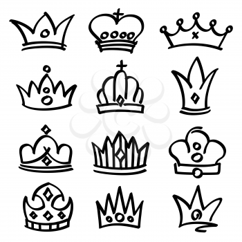 Vector hand drawn princess crowns. Sketch doodle royalty symbols. Royalty sketch crown, queen and king fashionable illustration