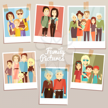 Happy family pictures with different generations vector set. Photo familys memories. Grandfather and grandmother, family photo illustration