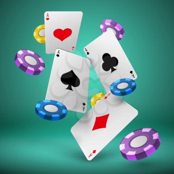 Falling playing cards and poker chips gambling background. Casino success game 3d vector concept. Chip for poker game and play card illustration