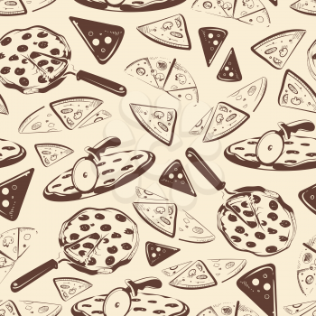Vintage pizza slices seamless pattern. Pizza background food, vector illustration