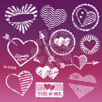 Romantic grunge white frames and stamps. Romantic love symbol grunge, valentine heart for wedding, vector illustration