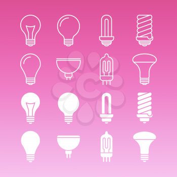 White lamp bulbs line and outline icons collection. Vector illustration