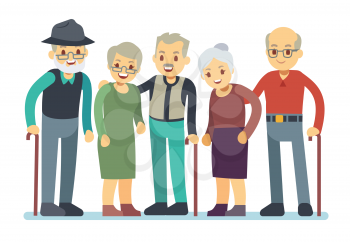 Group of old people cartoon characters. Happy elderly friends vector illustration. Grandmother and grandfather friends retirement