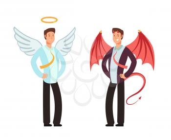 Businessman in angel and demon suit. Vector characters for good and bad way choice concept. Business demon and angel, businessman satan with wing, and horns illustration