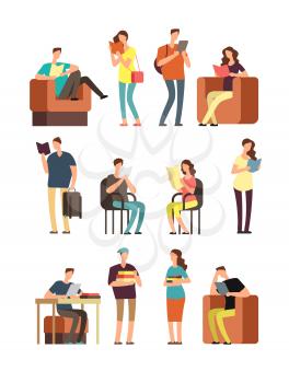 Young woman and man, college students reading book. People readers studying with books and magazines. Cartoon characters collection. Education woman and man study . Vector illustration