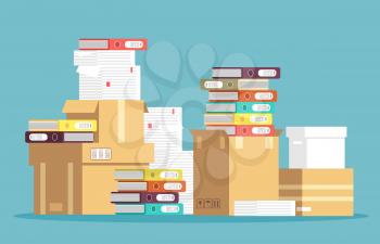Pile of cardboard boxes, paper documents and office file folders isolated. Unorganized messy papers, paperwork vector concept. File stack, pile of paper document illustration