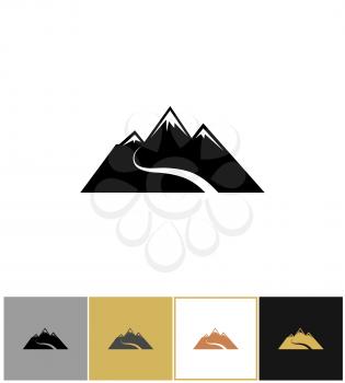 Abstract snow mountain icons, alpine rocky mountains pictogram on gold and white background