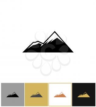 Mountain icon, alps rock mountains on gold, black and white backgrounds vector illustration. Tourism and travel icons