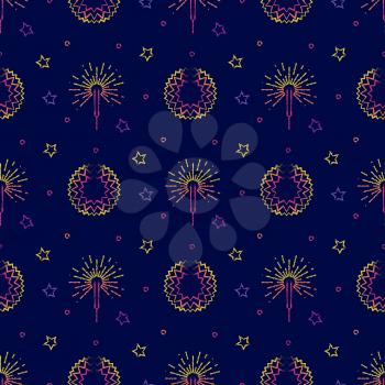 Fireworks, festive pyrotechnic and stars seamless background pattern. Vector illustration