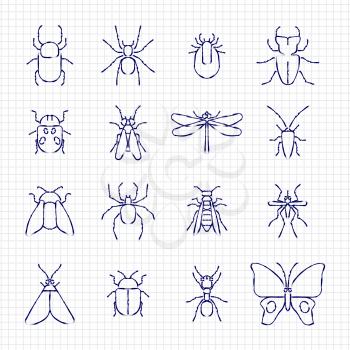 Sketch drawing line insect icons collection on paper sheet. Vector illustration