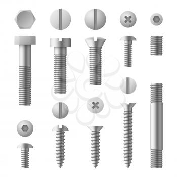 Realistic 3d metal bolts, nuts, rivets and screws isolated vector set. Illustration of elements for fix