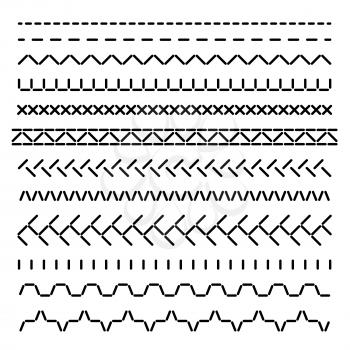 Stitched seamless borders, sewing machine seams for fabric structure vector set isolated. Illustration of sewing thread stitch, embellishment pattern border