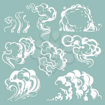 Cartoon white smoke and dust clouds. Comic vector steam isolated. Line cartoon cloud dust and fog, effect bubble air illustration