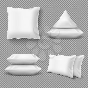Realistic white comfortable pillows, home cushions with natural feather. Isolated vector mockup for bedding textile. Illustration of pillow for home bed or bedroom, cotton soft comfortable