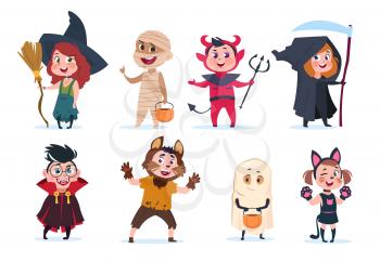Halloween kids. Cartoon children in halloween costumes. Funny girls and boys at party vector isolated charactres. Illustration of girl and boy costume monster, dracula and mummy